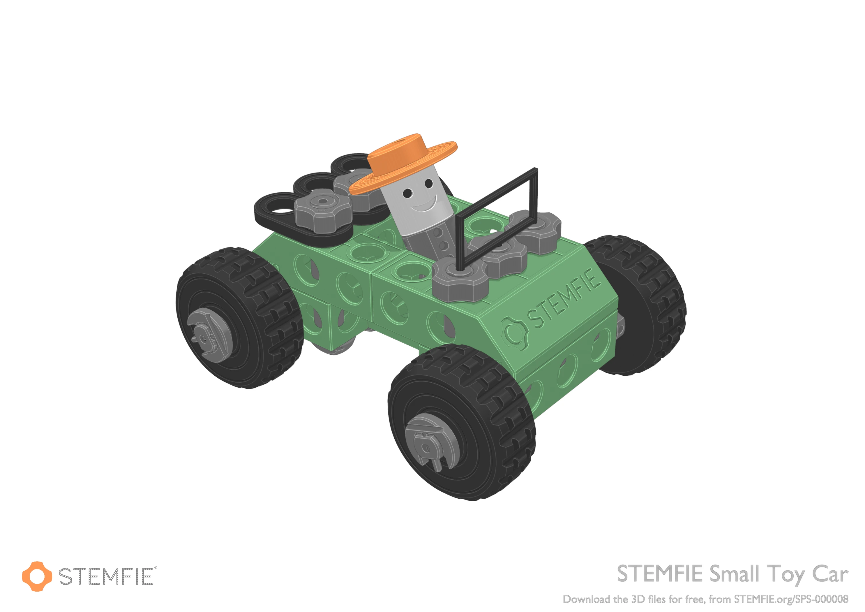 The STEMFIE Small Toy Car is easy to 3D-print and built for hours of fun. Designed with durability in mind, it’s ready for all kinds of rough play. Plus, it comes with a charming driver figure, wearing an adhesive-mount nut as a hat—a clever touch that adds personality! (SPS-000008)